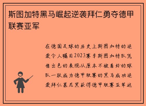 斯图加特黑马崛起逆袭拜仁勇夺德甲联赛亚军 斯图加特黑马崛起逆袭拜仁勇夺德甲联赛亚军