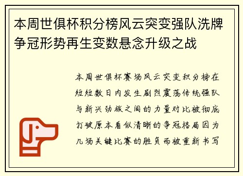 本周世俱杯积分榜风云突变强队洗牌争冠形势再生变数悬念升级之战 本周世俱杯积分榜风云突变强队洗牌争冠形势再生变数悬念升级之战