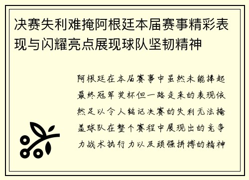 决赛失利难掩阿根廷本届赛事精彩表现与闪耀亮点展现球队坚韧精神